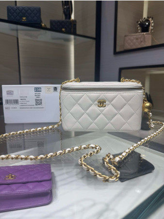 Ch*el Walnut Gold Ball Chain with Makeup Mirror Lamb Leather Square Box Shoulder Bag Women's White 17x 9.5x 8CM