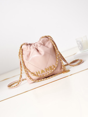Ch*el 22 MINI HANDBAG Shiny Calfskin Pink 7.8 × 7.4 × 2.3 in