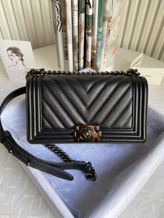 BOY Ch*el HANDBAG Shiny Grained Calfskin Black 5.9 × 9.8 × 3.5 in