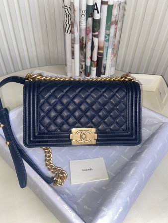 BOY Ch*el HANDBAG Shiny Grained Calfskin & Gold-Tone Metal Navy 5.9 × 9.8 × 3.5 in