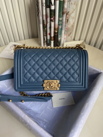BOY Ch*el HANDBAG Shiny Grained Calfskin & Gold-Tone Metal Blue 5.9 × 9.8 × 3.5 in