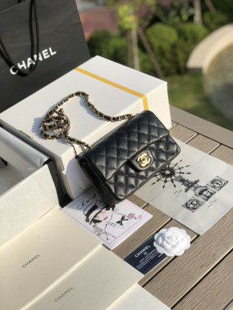 Ch*el MINI FLAP BAG BLACK WITH GOLD-TONE MENTAL 4.7 × 7.8 × 2.3 in