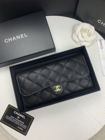 Ch*el FLAP WALLET GRAINED LEATHER BLACK GOLD 19.5 x10 cm