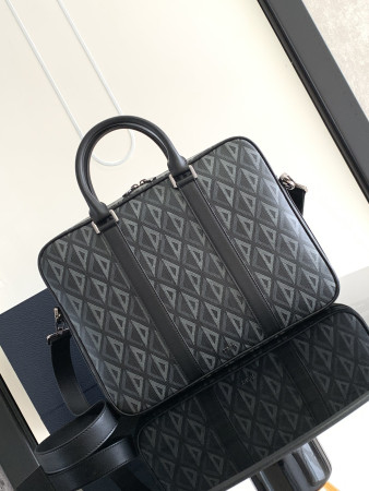 D*0r Zipped Briefcase Black CD Diamond Canvas and Black Grained Calfskin  37 x 28 x 6 cm