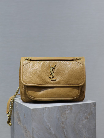 Y*L NIKI MEDIUM IN VINTAGE LEATHER DARK CORK 11 X 7.8 X 3.3 INCHES
