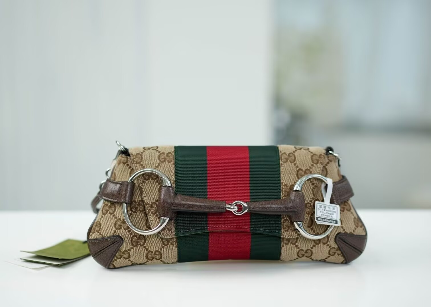G*u*i Monogram Textured Dollar Calfskin Heavy Grosgrain Web Medium Maxi Horsebit Chain Shoulder Bag 27x11.5x5cm