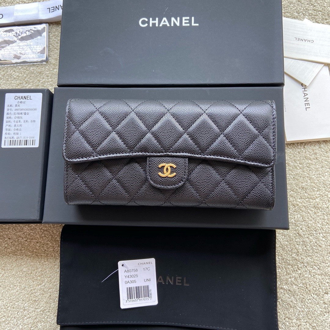 Ch*el FLAP WALLET GRAINED LEATHER BLACK GOLD 19.5 x10 cm
