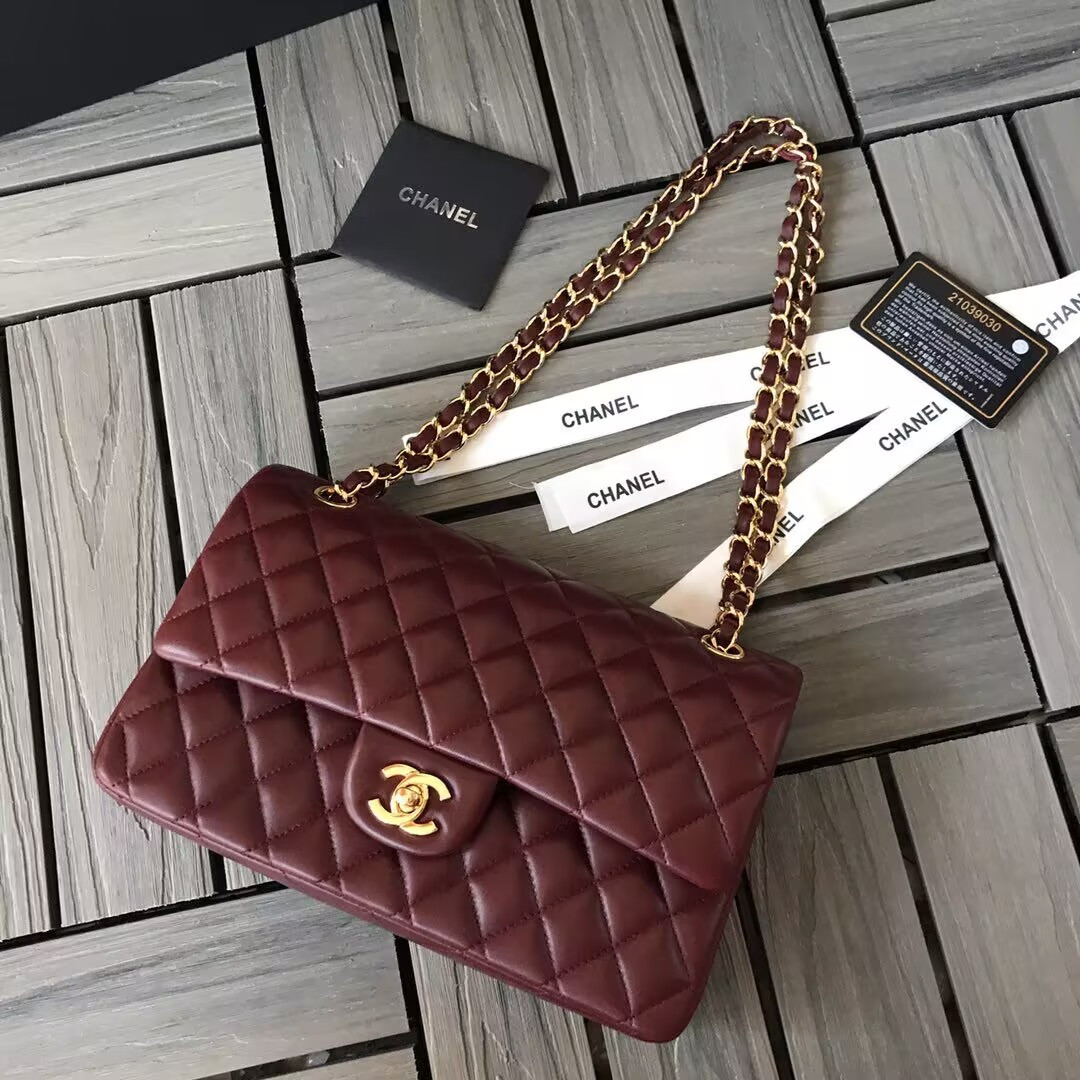 Ch*el CLASSIC 11.12 HANDBAG  Lambskin &Brown Metal Burqundy 15.5 x 25.5 x 6.5 cm