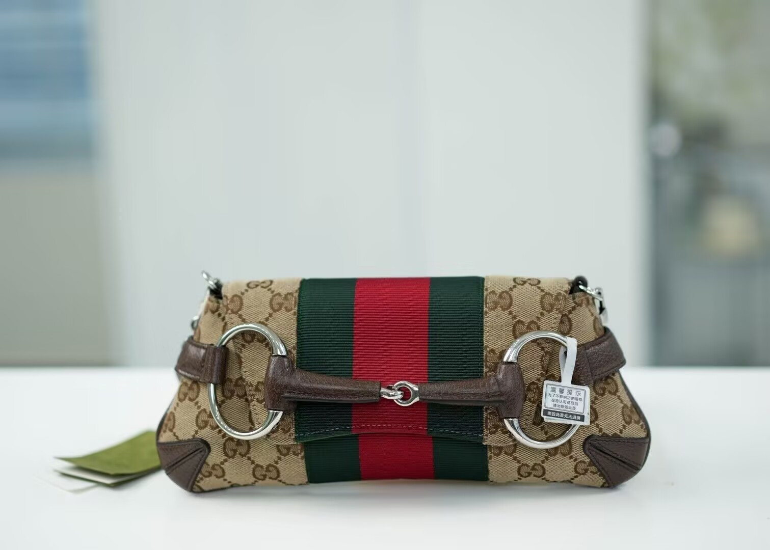 G*u*i Monogram Textured Dollar Calfskin Heavy Grosgrain Web Medium Maxi Horsebit Chain Shoulder Bag 27x11.5x5cm