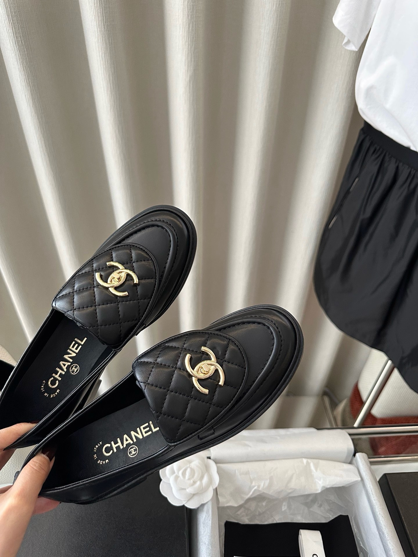 Ch*el Quilted Tab Loafers Black Leather