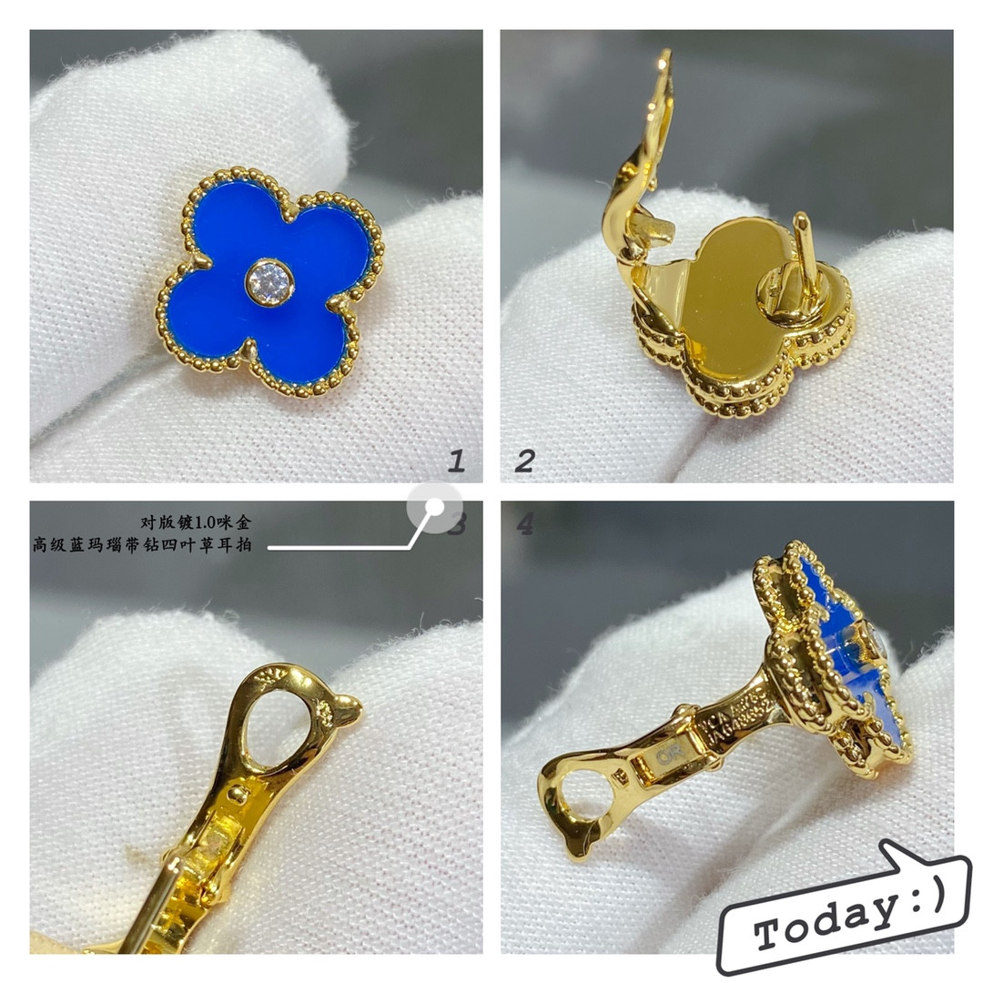 V*N CL*F & Arpels Sapphire Blue Agate Diamond Four-Leaf Clover Earrings