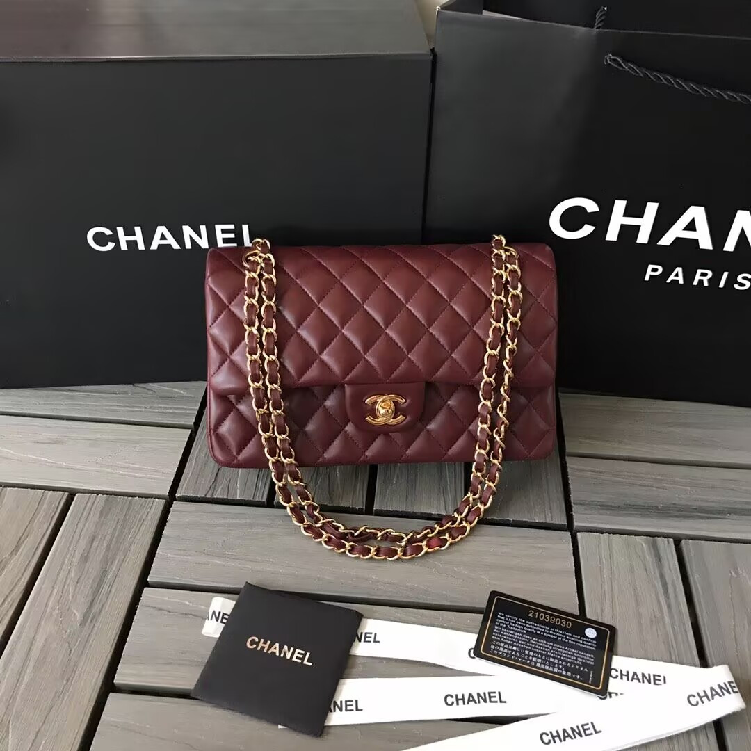 Ch*el CLASSIC 11.12 HANDBAG  Lambskin &Brown Metal Burqundy 15.5 x 25.5 x 6.5 cm