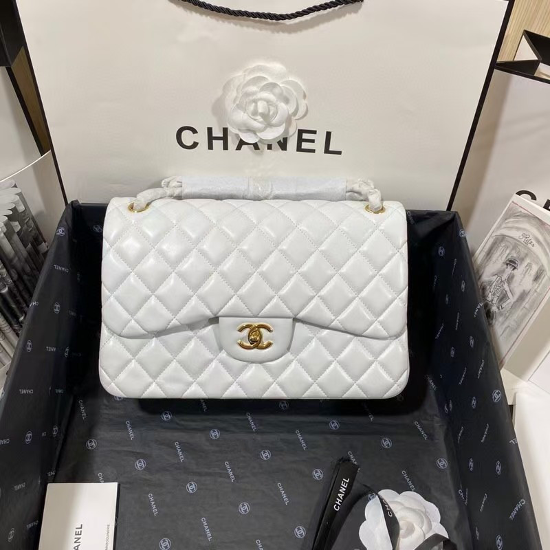 Ch*el Classic Flap Jumbo 30cm CF White Gold 7.6 × 11.7 × 3.9 in