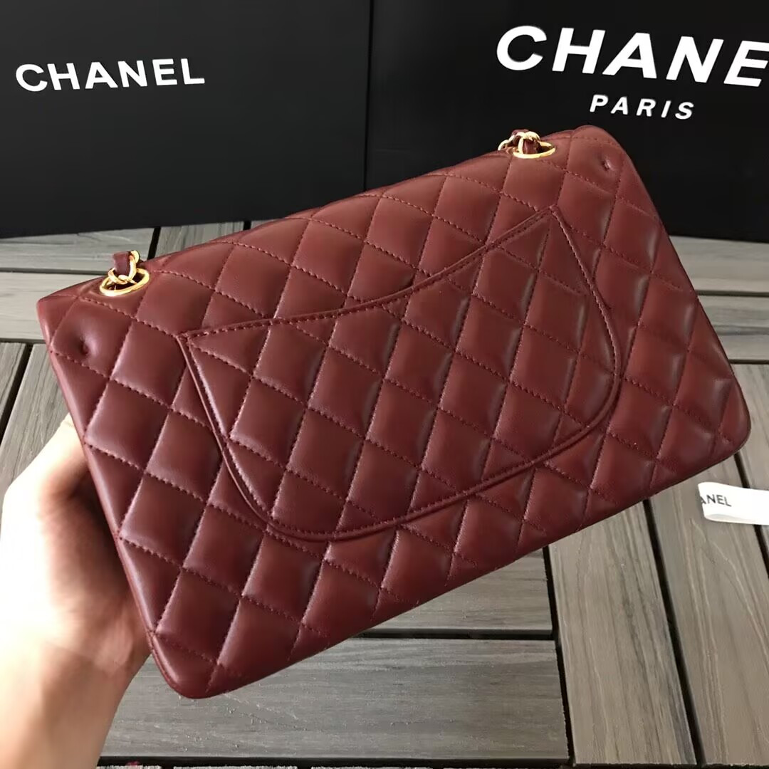 Ch*el CLASSIC 11.12 HANDBAG  Lambskin &Brown Metal Burqundy 15.5 x 25.5 x 6.5 cm