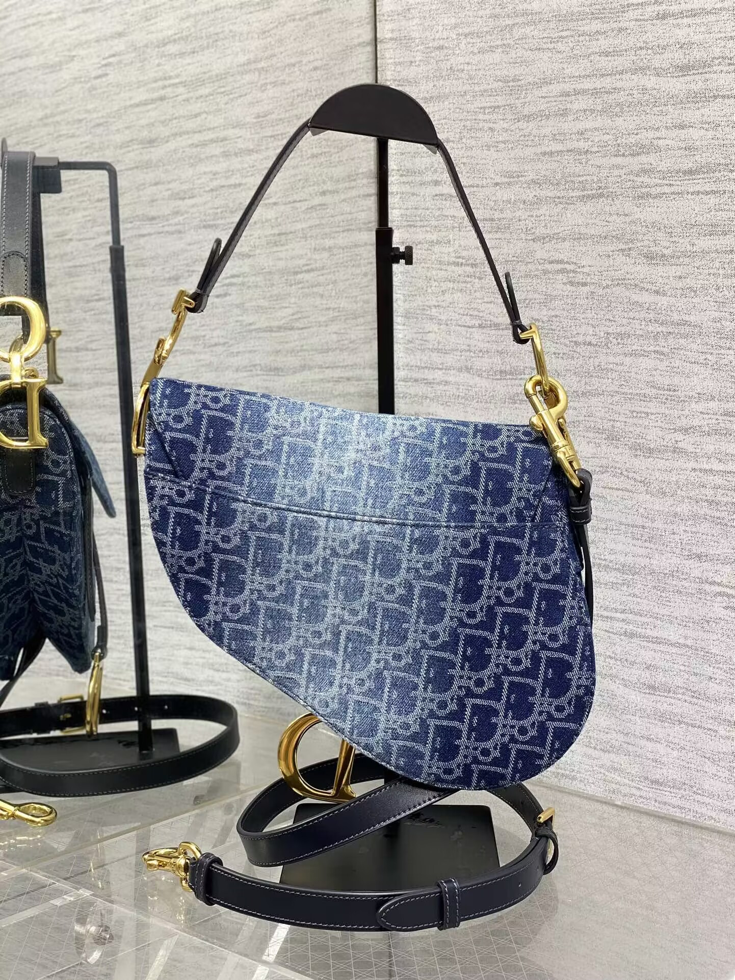 D*0r Saddle Bag with Strap  Blue Denim D*0r Oblique Jacquard 25.5 x 20 x 6.5 cm