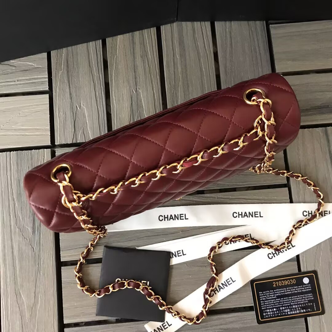 Ch*el CLASSIC 11.12 HANDBAG  Lambskin &Brown Metal Burqundy 15.5 x 25.5 x 6.5 cm