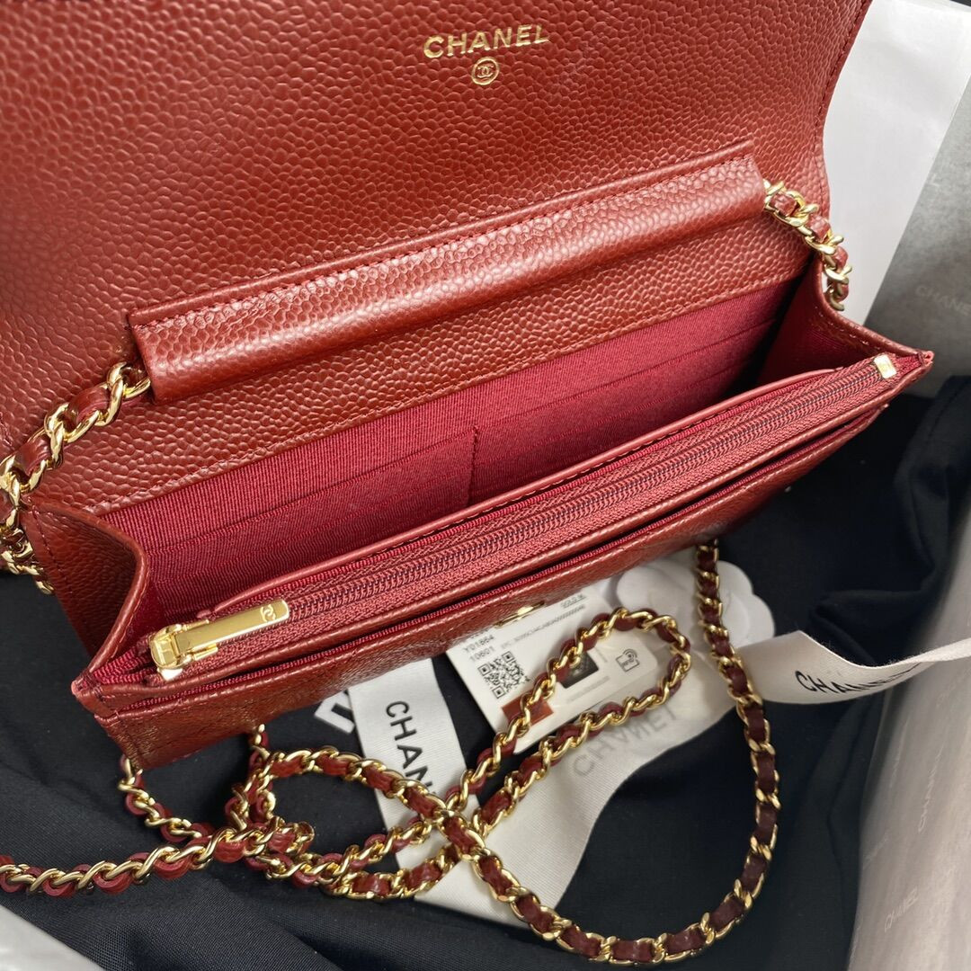 Ch*el WOC CLASSIC WALLET ON CHAIN RED 4.8 × 7.5 × 1.4 in
