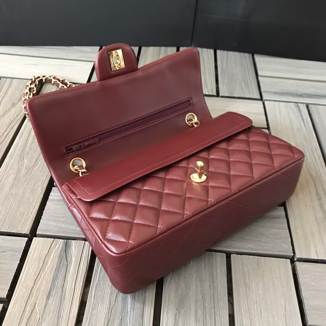 Ch*el CLASSIC 11.12 HANDBAG  Lambskin &Brown Metal Burqundy 15.5 x 25.5 x 6.5 cm