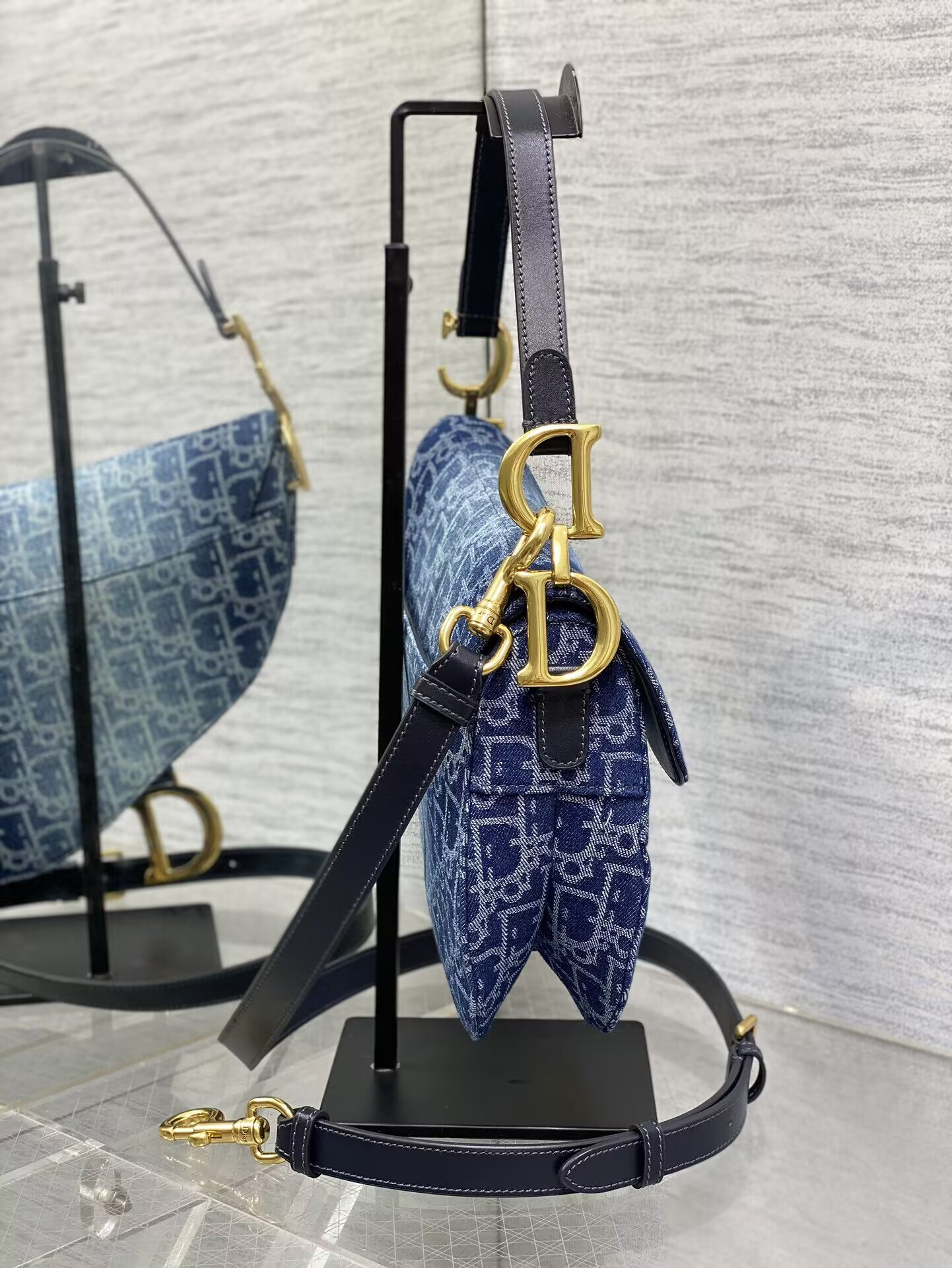 D*0r Saddle Bag with Strap  Blue Denim D*0r Oblique Jacquard 25.5 x 20 x 6.5 cm