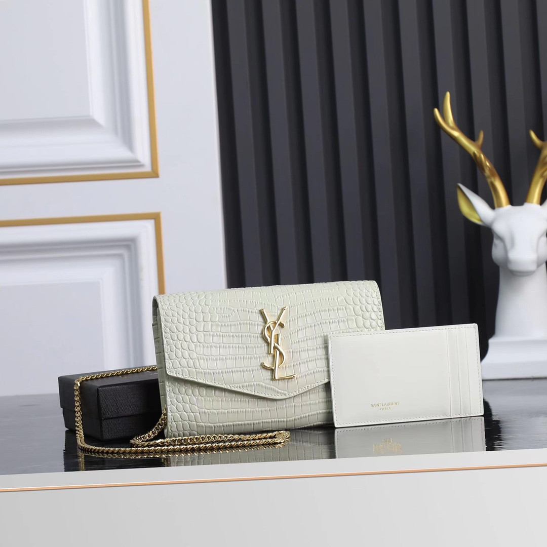 Y*L UPTOWN CHAIN WALLET IN CROCODILE-EMBOSSED SHINY LEATHER 7.5 X 4.7 X 1.2 INCHES