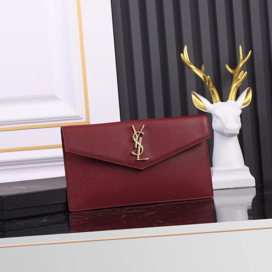 Y*L UPTOWN POUCH IN GRAIN DE POUDRE EMBOSSED LEATHER ROUGE OPYUM 10.6 X 6.2 X 0.7 INCHES