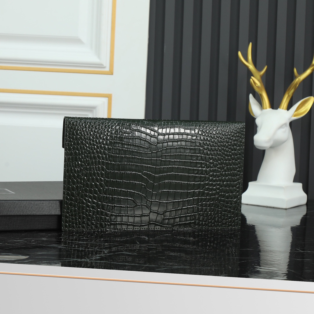 Y*L UPTOWN POUCH IN CROCODILE-EMBOSSED SHINY LEATHER BLACK 10.6 X 6.2 X 0.7 INCHES