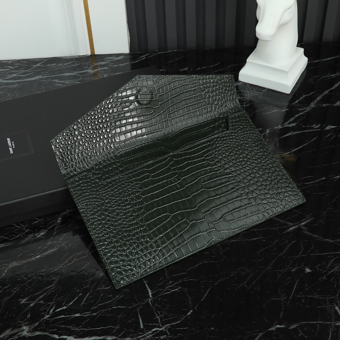 Y*L UPTOWN POUCH IN CROCODILE-EMBOSSED SHINY LEATHER BLACK 10.6 X 6.2 X 0.7 INCHES