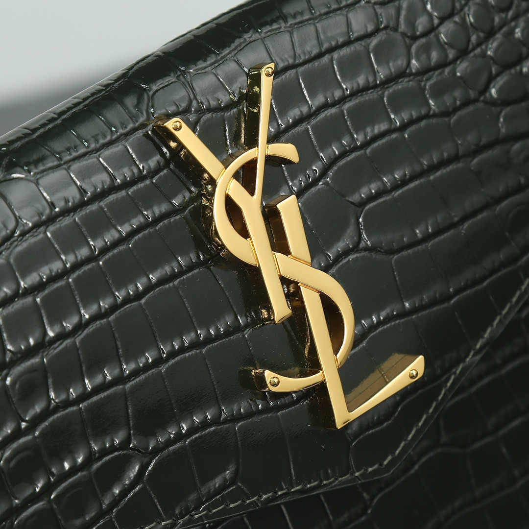 Y*L UPTOWN POUCH IN CROCODILE-EMBOSSED SHINY LEATHER BLACK 10.6 X 6.2 X 0.7 INCHES