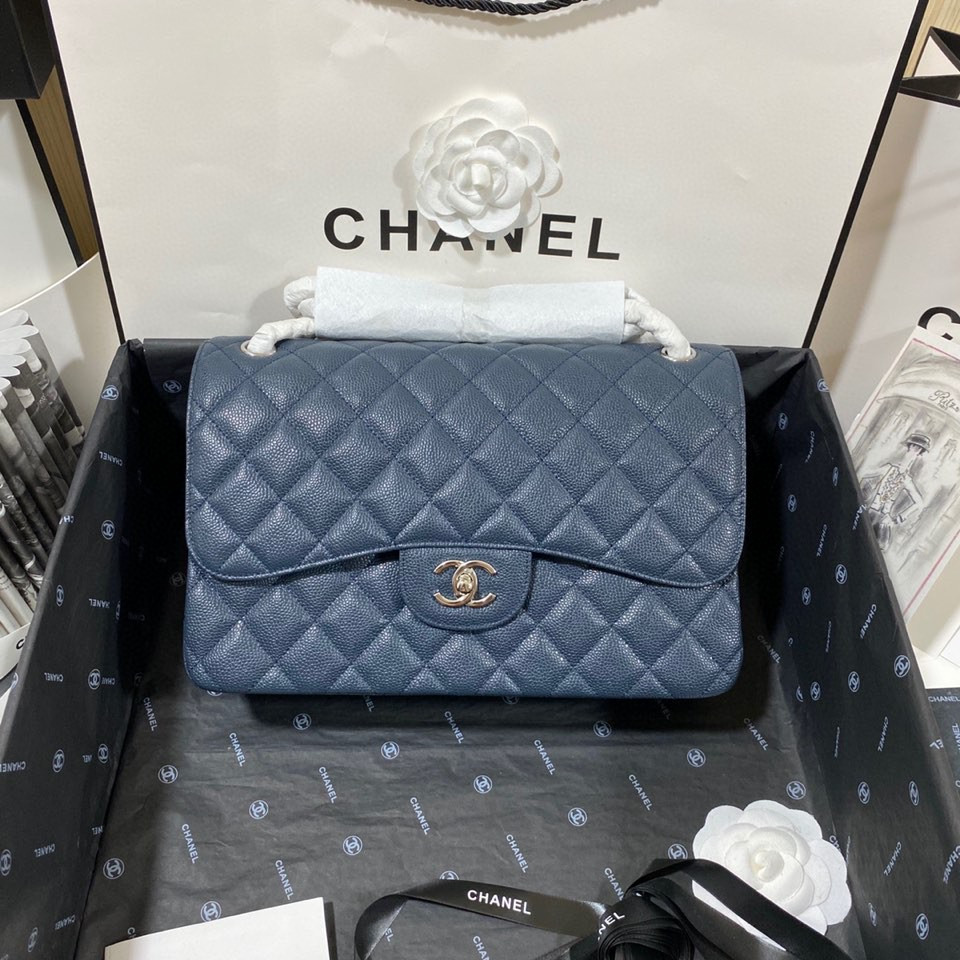 Ch*el Classic Flap Jumbo 30cm CF Blue Silver  7.6 × 11.7 × 3.9 in