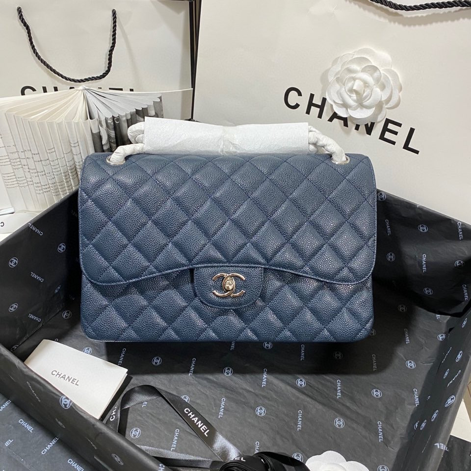 Ch*el Classic Flap Jumbo 30cm CF Blue Silver  7.6 × 11.7 × 3.9 in