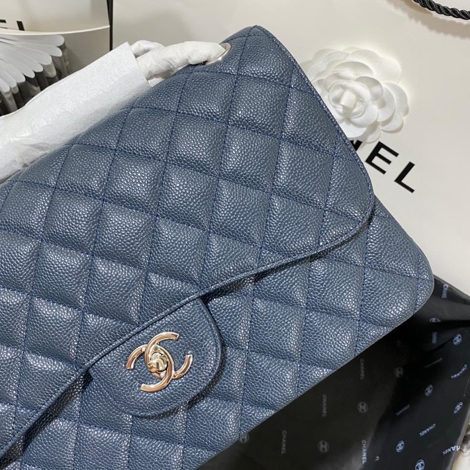 Ch*el Classic Flap Jumbo 30cm CF Blue Silver  7.6 × 11.7 × 3.9 in