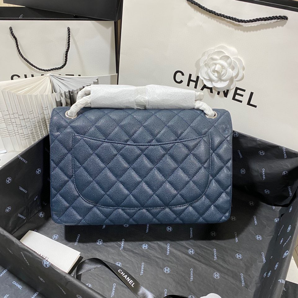 Ch*el Classic Flap Jumbo 30cm CF Blue Silver  7.6 × 11.7 × 3.9 in