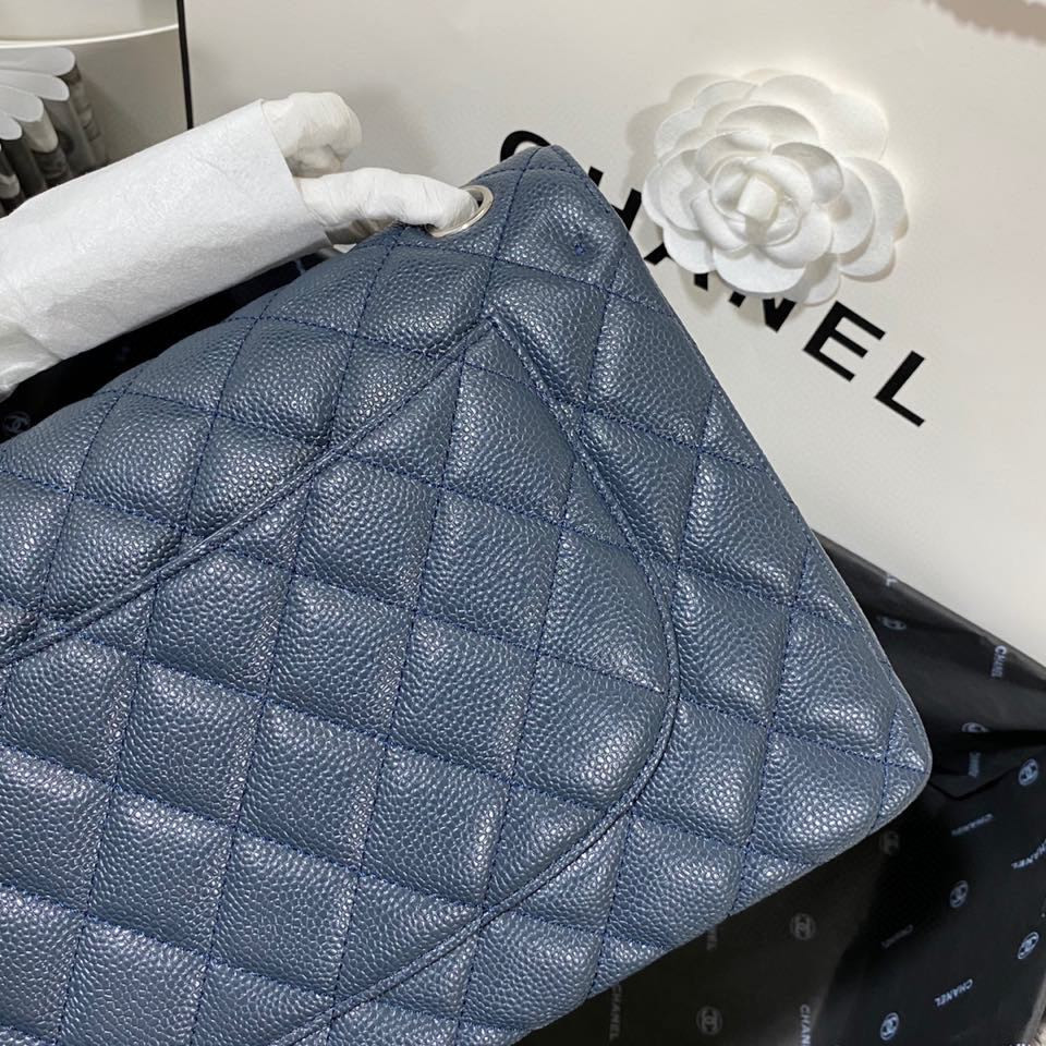 Ch*el Classic Flap Jumbo 30cm CF Blue Silver  7.6 × 11.7 × 3.9 in