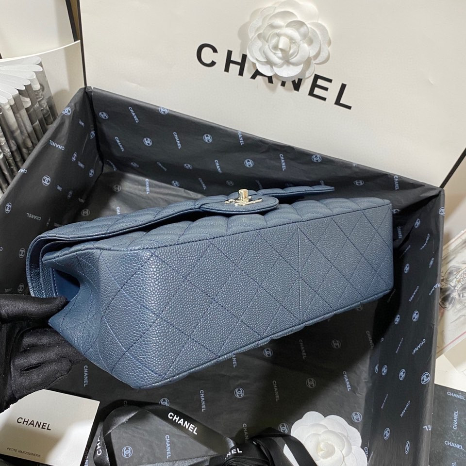 Ch*el Classic Flap Jumbo 30cm CF Blue Silver  7.6 × 11.7 × 3.9 in