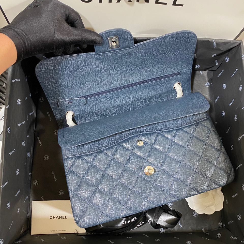 Ch*el Classic Flap Jumbo 30cm CF Blue Silver  7.6 × 11.7 × 3.9 in