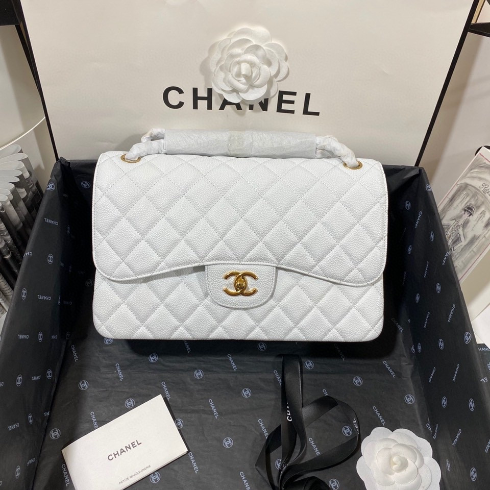 Ch*el Classic Flap Jumbo 30cm CF White Gold  7.6 × 11.7 × 3.9 in