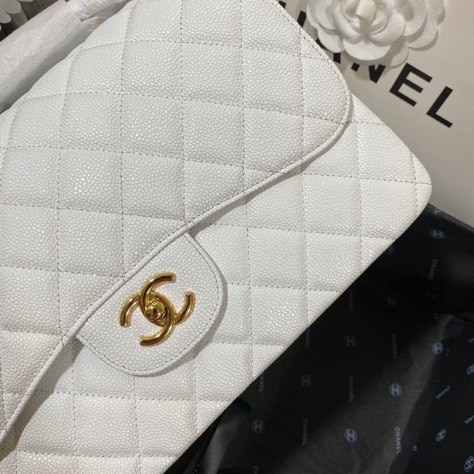 Ch*el Classic Flap Jumbo 30cm CF White Gold  7.6 × 11.7 × 3.9 in