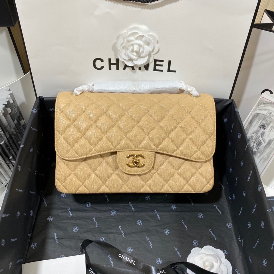Ch*el Classic Flap Jumbo 30cm CF Khaki Gold 7.6 × 11.7 × 3.9 in