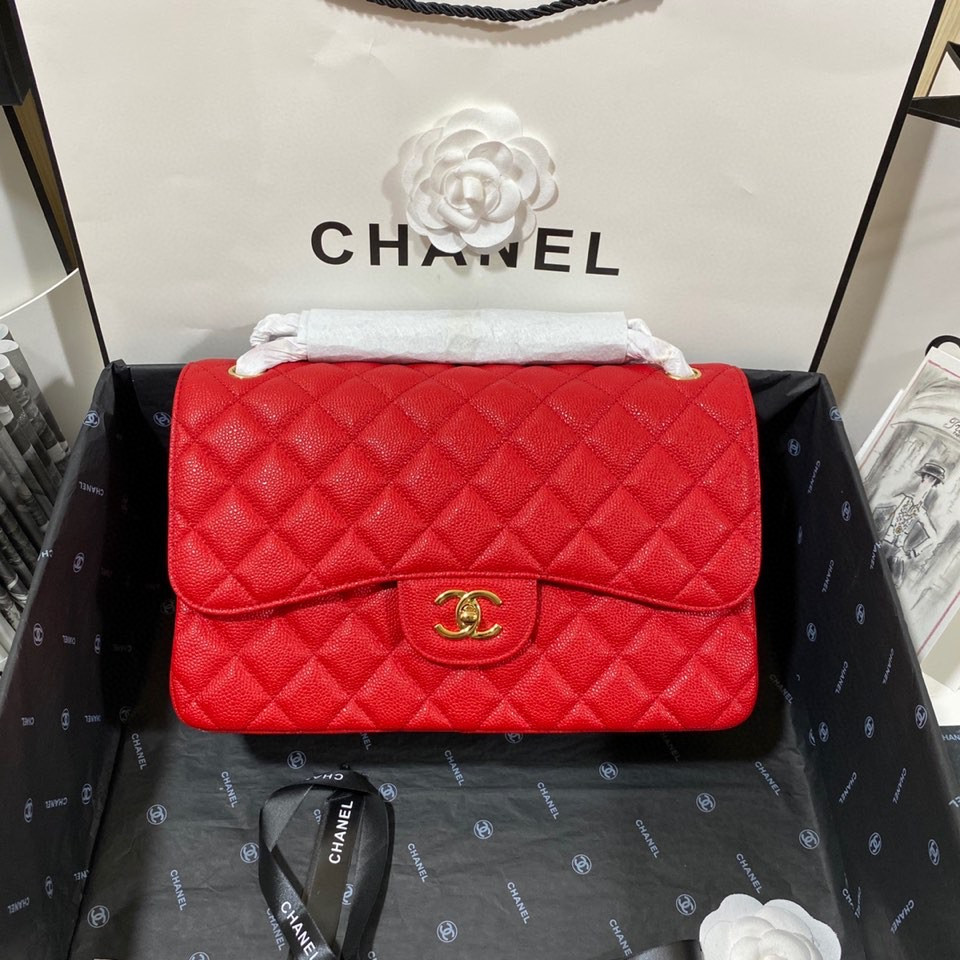 Ch*el Classic Flap Jumbo 30cm CF Red Gold 7.6 × 11.7 × 3.9 in