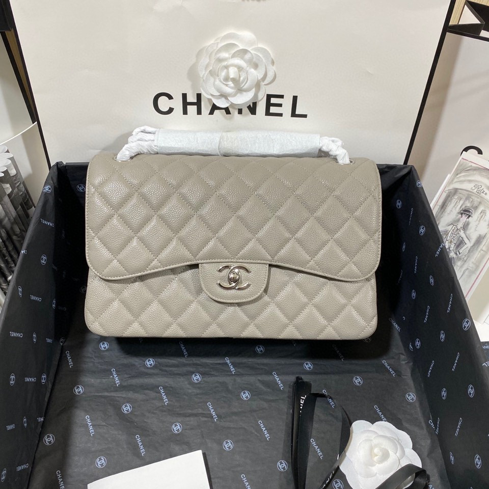 Ch*el Classic Flap Jumbo 30cm CF Grey Silver  7.6 × 11.7 × 3.9 in