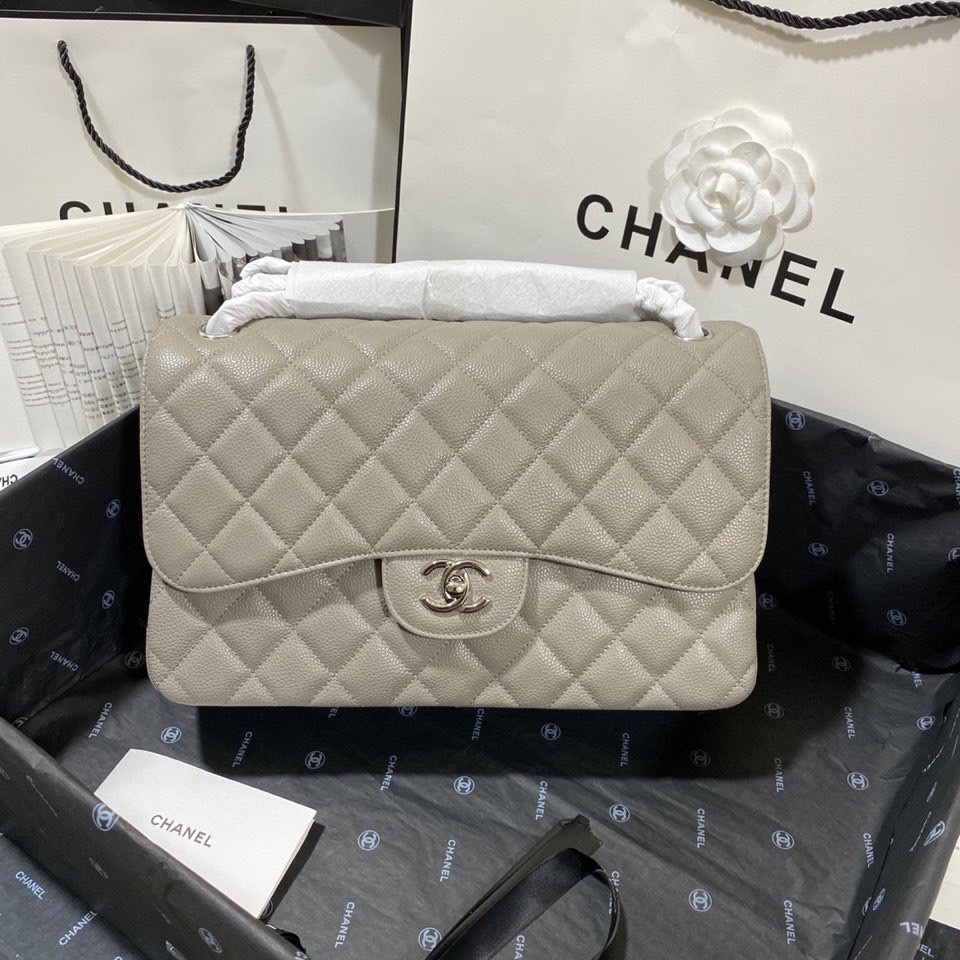 Ch*el Classic Flap Jumbo 30cm CF Grey Silver  7.6 × 11.7 × 3.9 in
