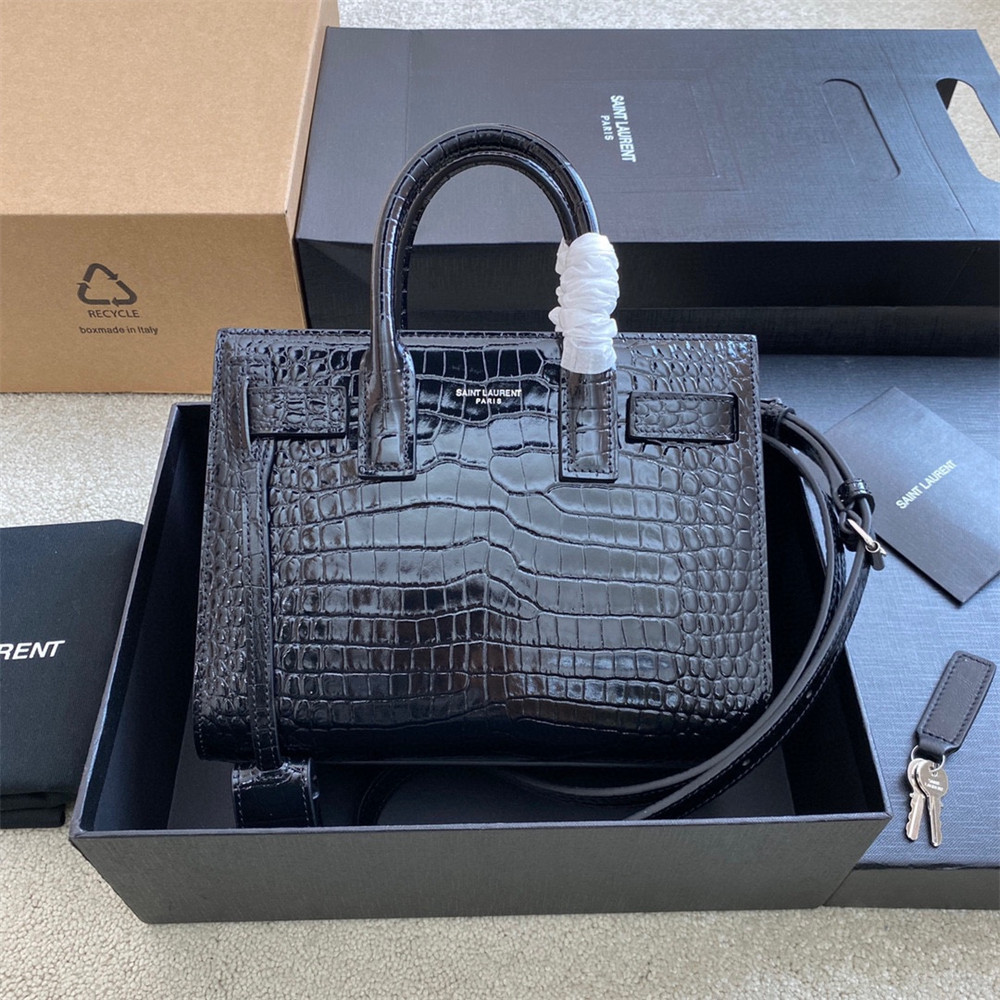 Y*L SAC DE JOUR NANO IN CROCODILE EMBOSSED LEATHER BLACK 8.6 X 6.8 X 3.5 INCHES