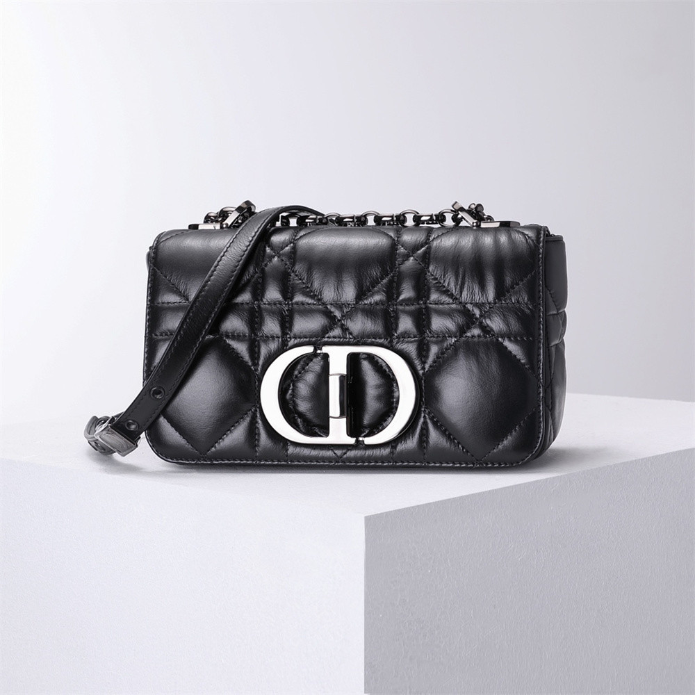 MEDIUM D*0r CARO BAG Black S*pple Cannage Calfskin With Silver Hardware 20x12x7cm