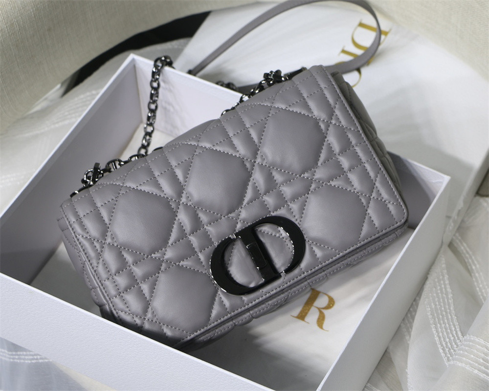 MEDIUM D*0r CARO BAG Grey S*pple Cannage Calfskin With Black Hardware 25.5 x 15.5 x 8 cm