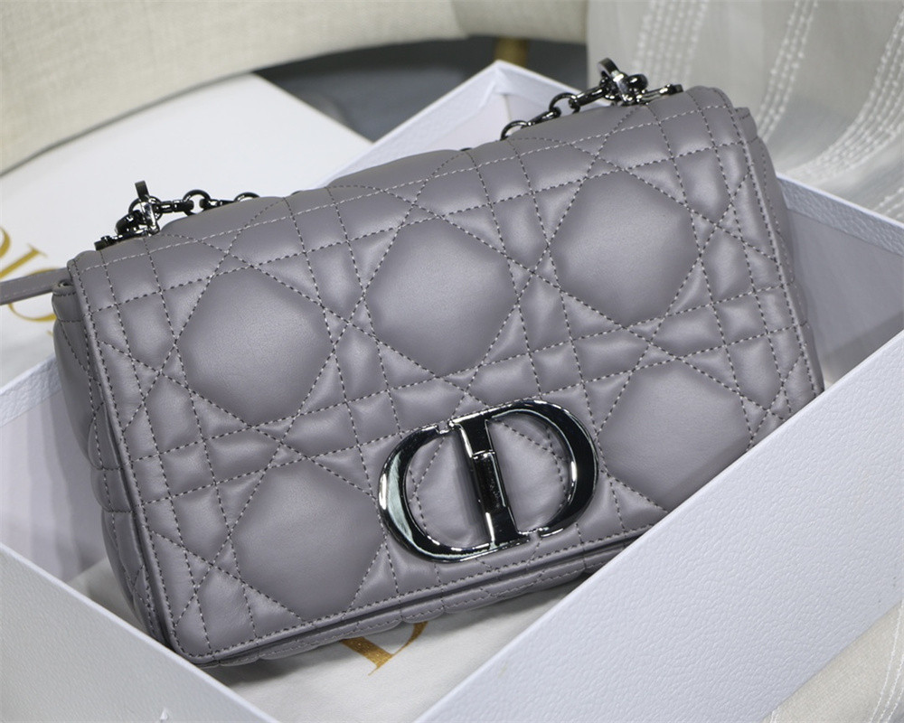 MEDIUM D*0r CARO BAG Grey S*pple Cannage Calfskin With Black Hardware 25.5 x 15.5 x 8 cm