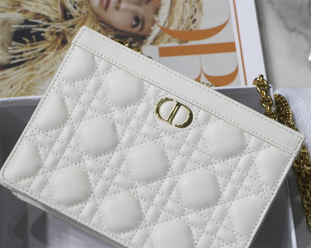 D*0r CARO ZIPPED POUCH WITH CHAIN Latte S*pple Cannage Calfskin 19 x 14 x 4.5 cm