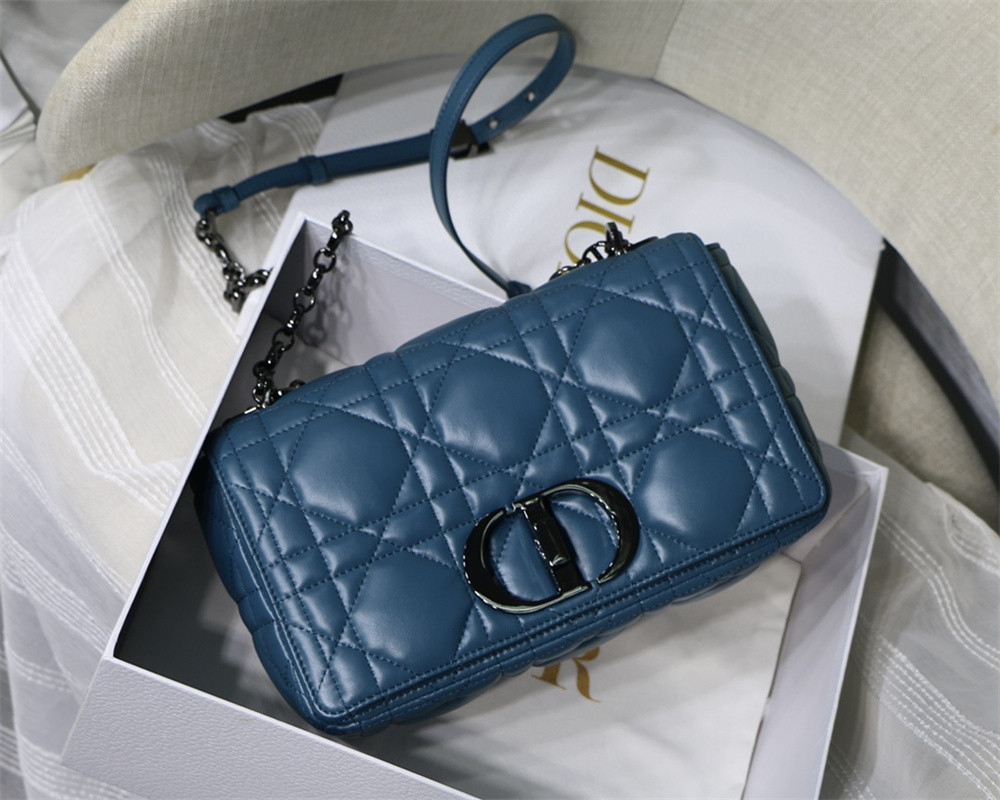 MEDIUM D*0r CARO BAG Navy S*pple Cannage Calfskin With Silver Hardware 25.5 x 15.5 x 8 cm
