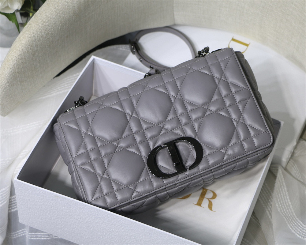 LARGE D*0r CARO BAG Stone Gray S*pple Cannage Calfskin With Silver Hardware 29 x 18 x 10 cm