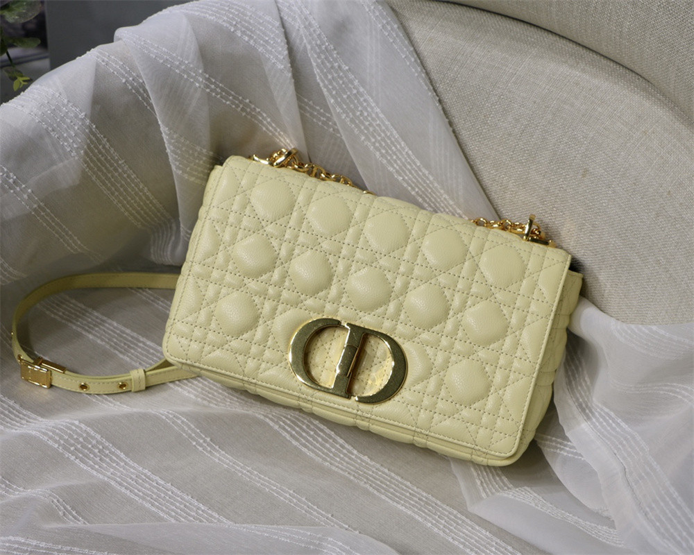 MEDIUM D*0r CARO BAG light yellow S*pple Cannage Calfskin 25.5 x 15.5 x 8 cm