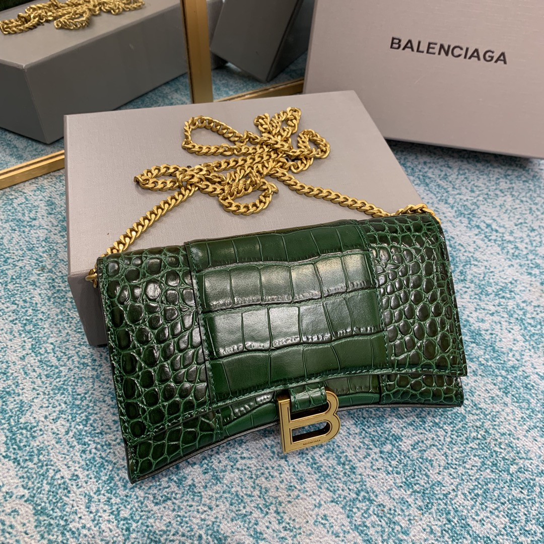 Ba*len*cia*ga WOMEN'S HOURGLASS WALLET ON CHAIN CROCODILE EMBOSSED IN FOREST GREEN  L7.6 x H4.7 x W1.9 inch
